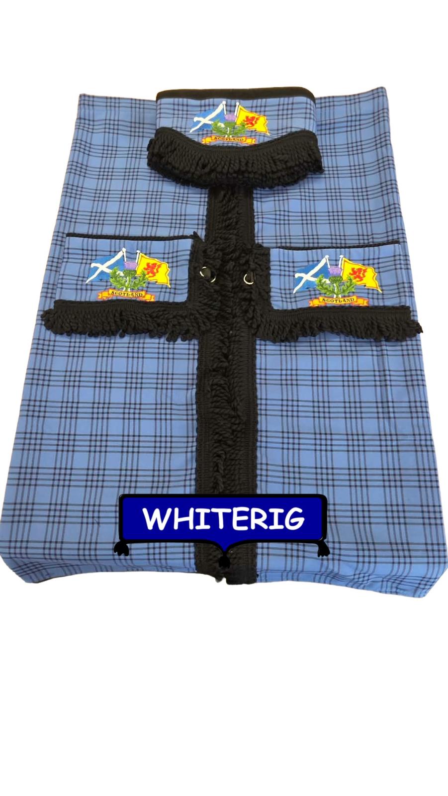 Blue Tartan Scotland Truck Curtain Set with Black Fringe & Pelmet  Whiterig Truck Curtains